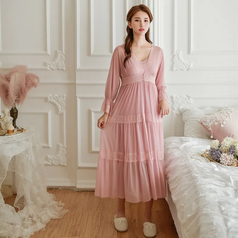 Hanxiuju Soft Modal 2 Pieces Women's Robe Sets Spring Autumn Vintage Princess Gauze Long Sleepwear Girls Tiered Night Dress