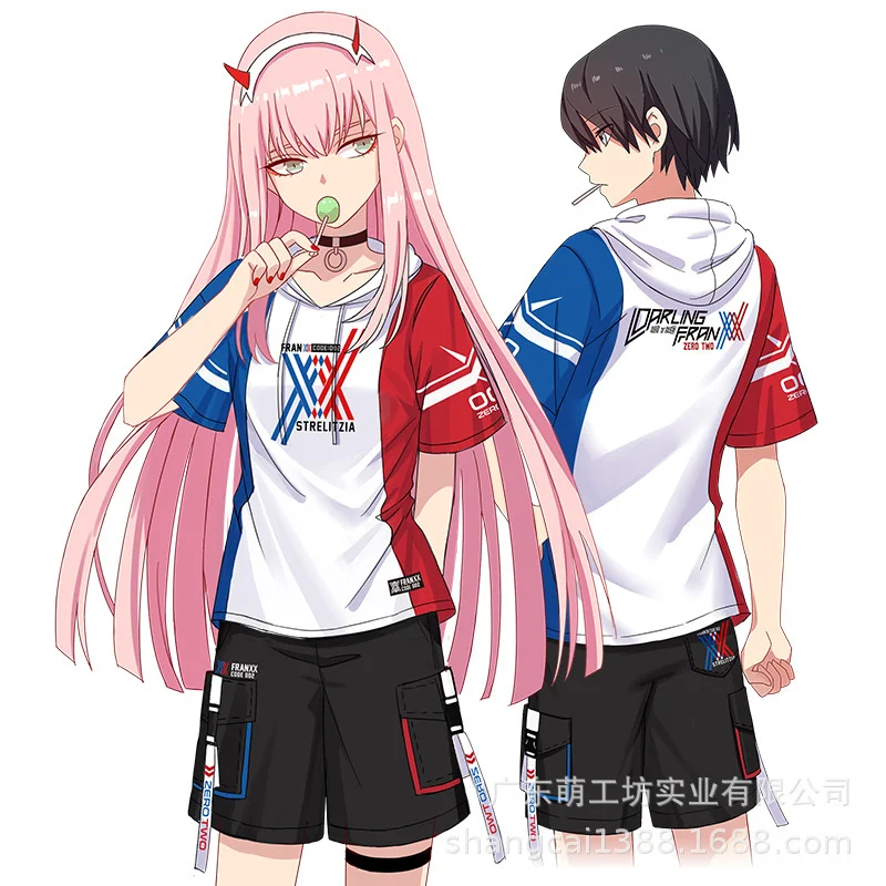 New national team Anime DARLING in the FRANXX 02 ZeroTwo hooded T-shirt short sleeved Pants Set summer student cosplay costume