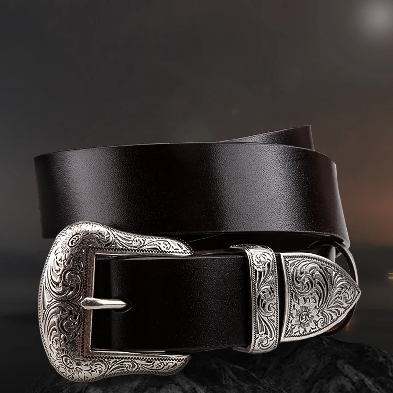 Genuine Leather Men's High Quality Buckle Tangcao Three-Piece Silver Plated Belt Buckl Full-Grain Leathere Pin Buckle Belts