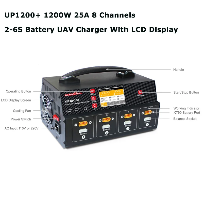 

Ultra Power UP1200+ 25A UAV/Agricultural Drone Fast Balance Charger With Display Screen For 8 Channel 2-6S LiPo LiHV Battery