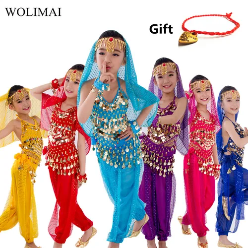 Conjunto de trajes de danza del vientre para niños, danza del vientre para niñas, ropa de danza del vientre de la India, danza del vientre, niños indios, 6 colores