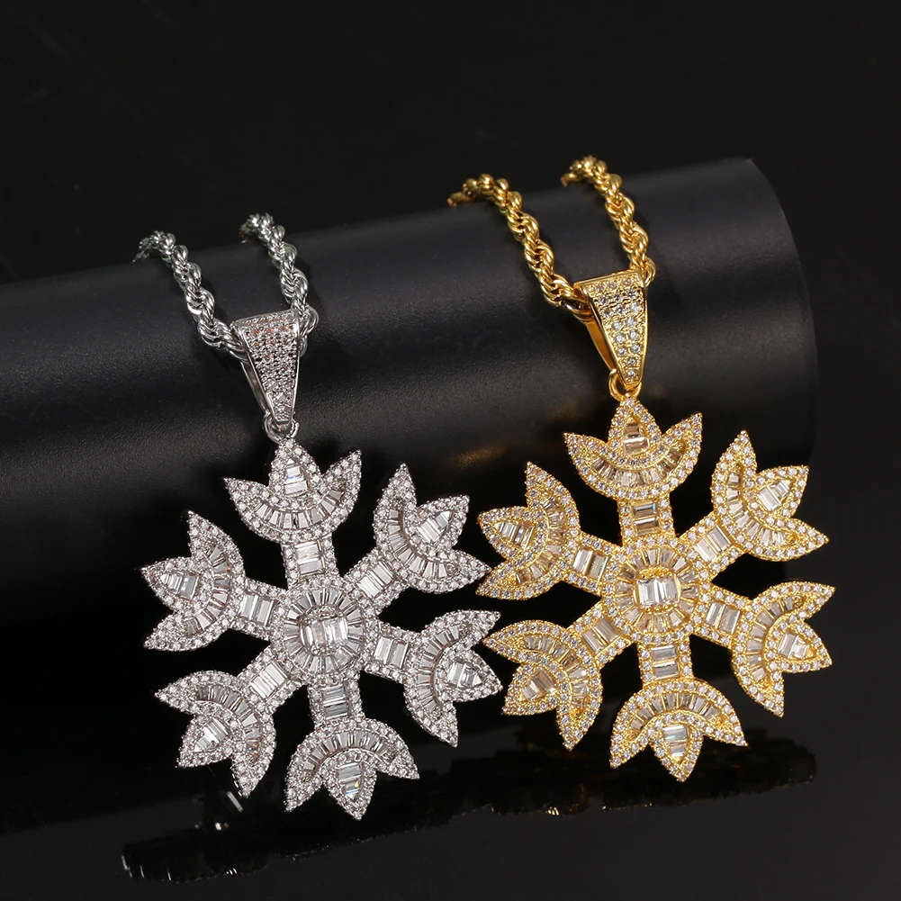 UWIN Fashion Men Women Baguettecz Snow Shape Pendant Necklace Gold Color Iced Bling Bling Cubic Zirconia Hiphop Jewelry