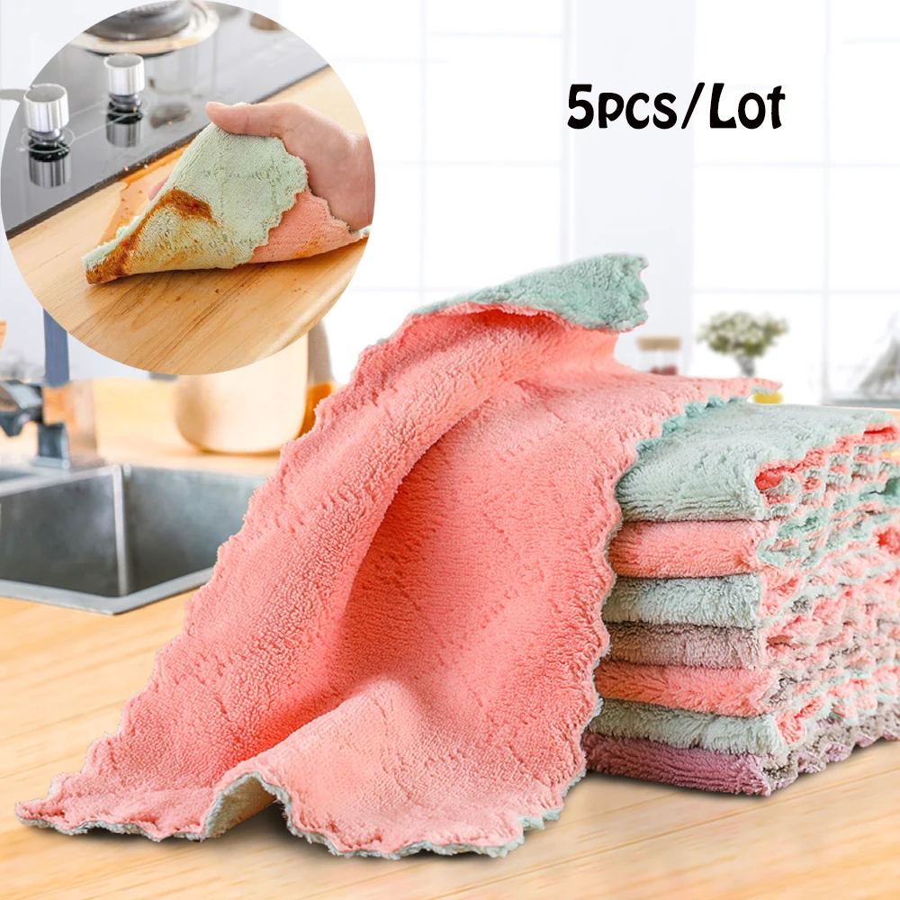 Microfiber Kitchen Dish Cloth, Double-layer, Absorbent, Non-stick, Oil Cleaning, Wiping Towel, Cheaper Tools, Original, 5Pcs