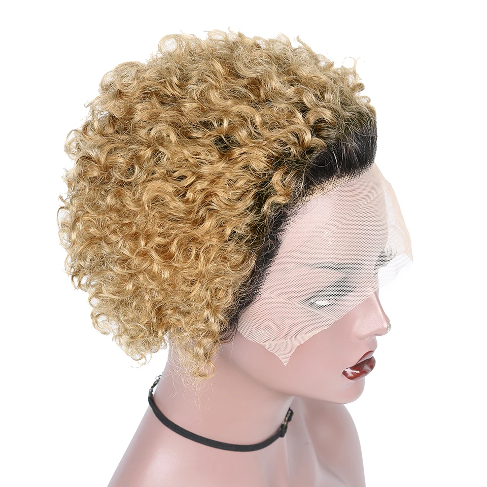 Pixie Cut Pruik Ombre Bruin Rode Kleur Kort Krullend Menselijk Haar Pruiken Voor Vrouwen Goedkope Water Wave Kant Pruik Perruque cheveux Humain