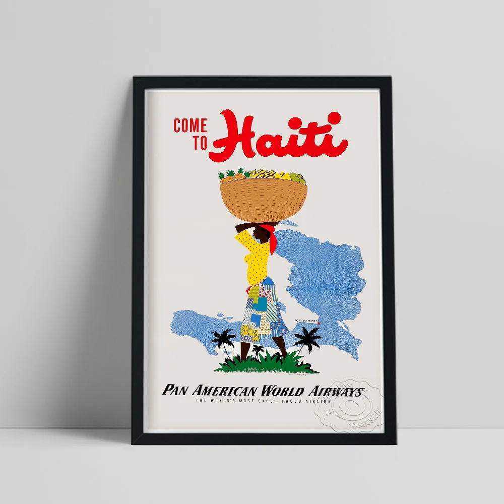 Vintage Airline Travel Poster, Come To Haiti Publicity Colored Canvas Painting, Nordic Style Home Wall Decor Special Souvenir