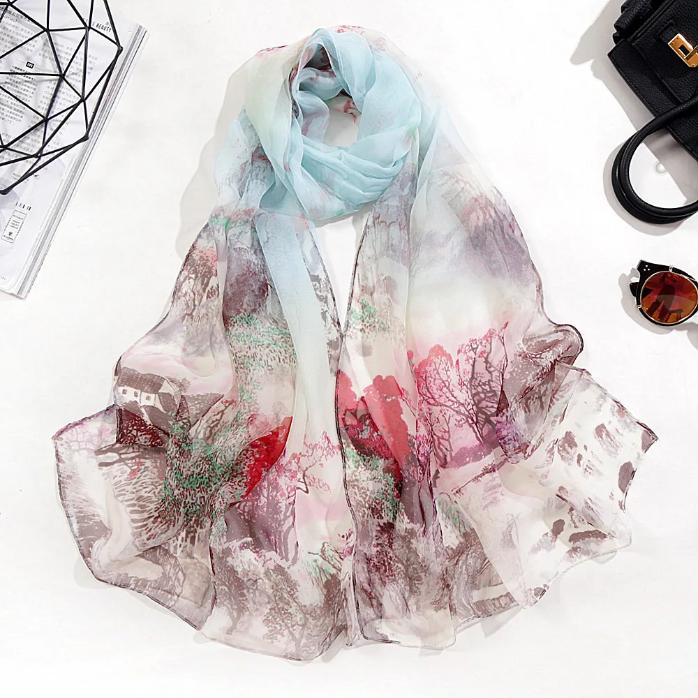 Four Seasons Thin Soft Chiffon Women Landscape Printing Beach Silky Georgette Scarf Shawls Long Wraps Beach Sunscreen Hijab