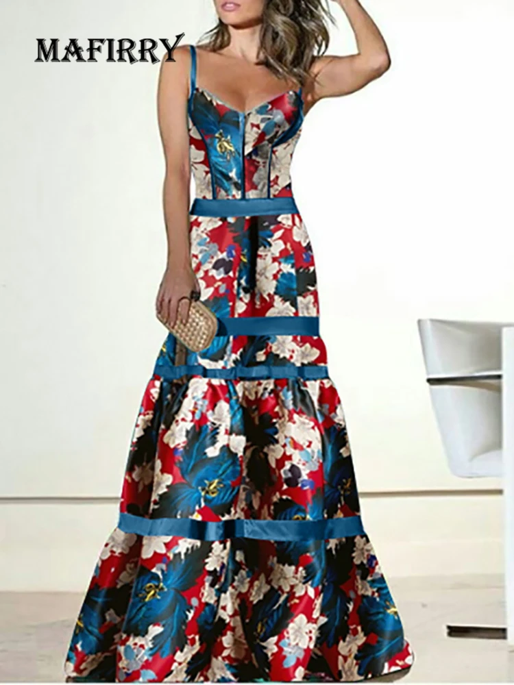 New Dresses Summer For Women 2022 Sleeveless Long Party Dress Printed Sexy Deep V-Neck Patchwork Ladies Sling Dress Dropshipping