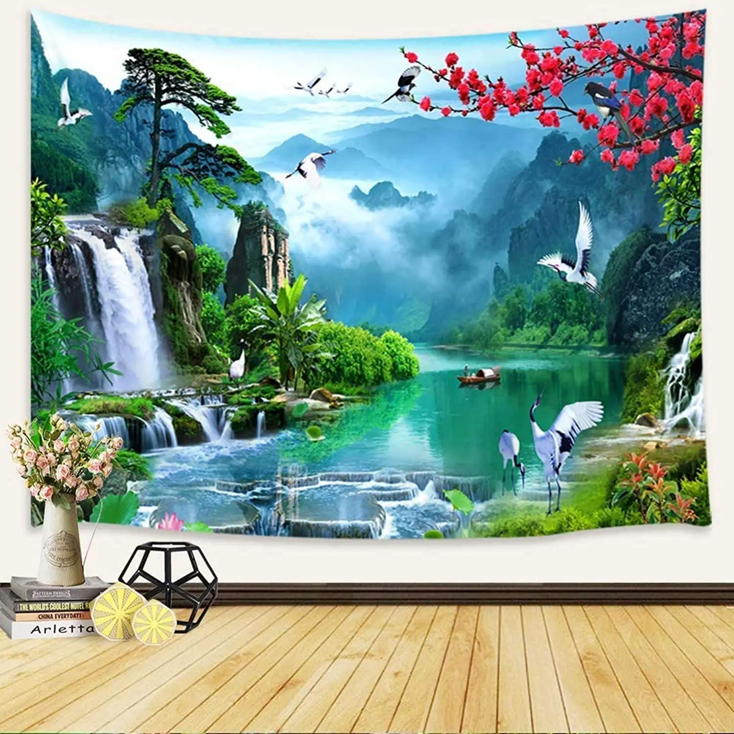 Japanese Tapestry Wall Hanging Asian Chinese Mount Forest Fantasy Waterfall Cherry Blossom Nature Scenery Tapestries Aesthetic