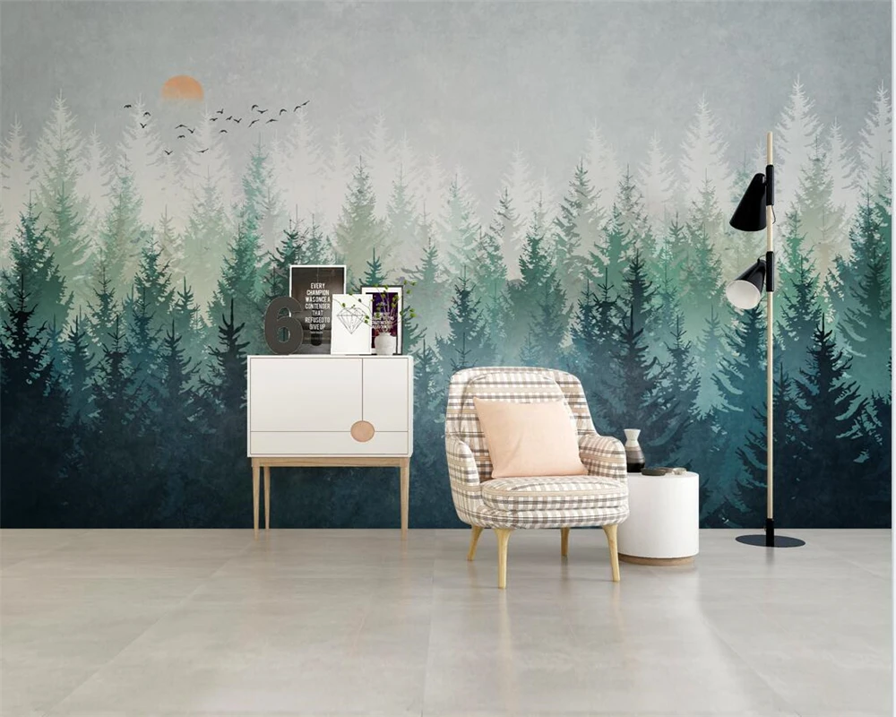 

Customized home decoration background wall 3d wallpaper Nordic hand-painted fantasy trees flying birds modern 3d wallpaper