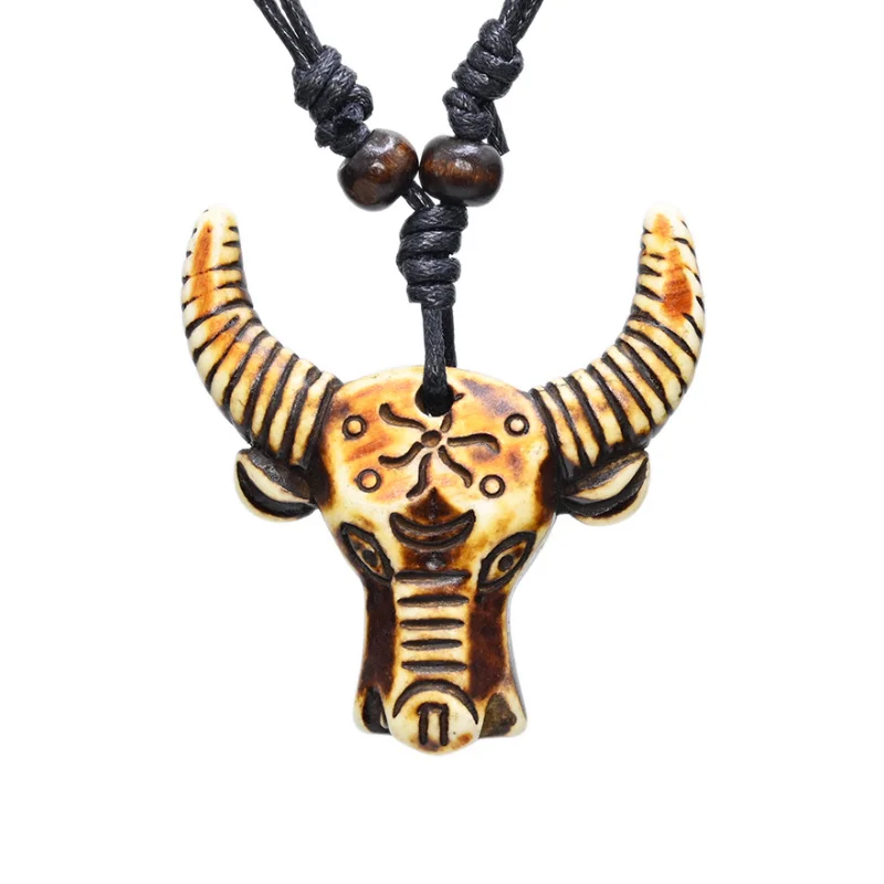 FX039 Tauren necklace Wax rope skull pendant yak head Choker Retro Jewelry Tribal style Imitation Yak Bone necklace Amulet Gift