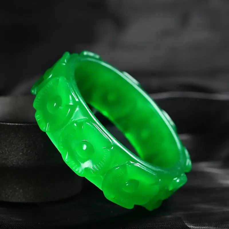 Bracelet rond en Jade vert émeraude pour femmes, bijoux simples, accessoires, fleurs sculptées à la main, 100%