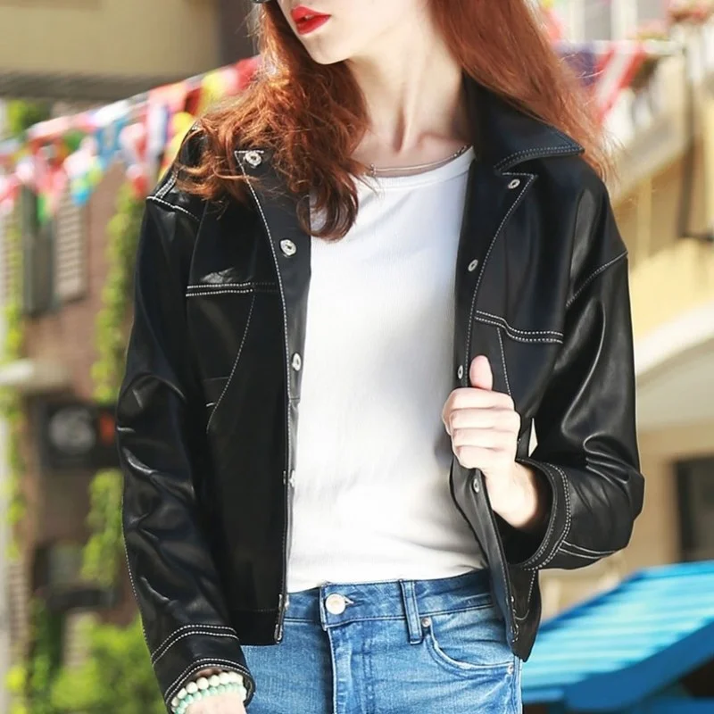 

Genuine Women Leather Motorcycle Short Jacket Autumn Design Pocket Asymmetrical Sheepskin Coat Street Female Casual Cargo Jacket