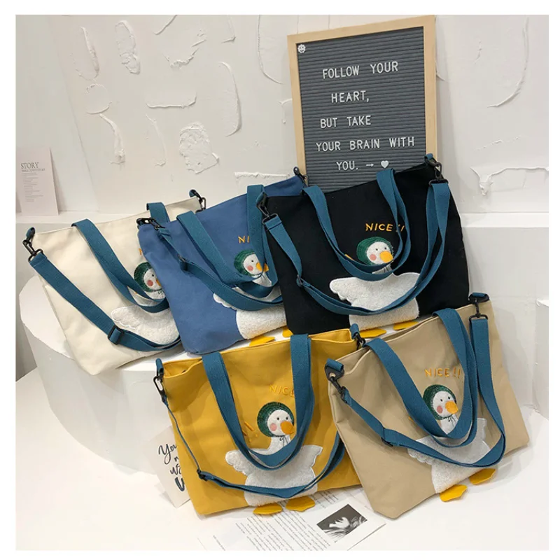 Solid Color Messenger Bag with Cute Duck Canvas Large Capacity Shoulder Bag Handbag for Women