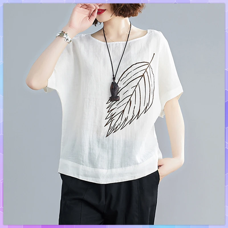 

Oversized Cotton Linen T-shirt Leaf Embroidery Women's Tee Shirt Casual T-Shirts O Neck Short-Sleeve Top Girl Plus Size 2XL