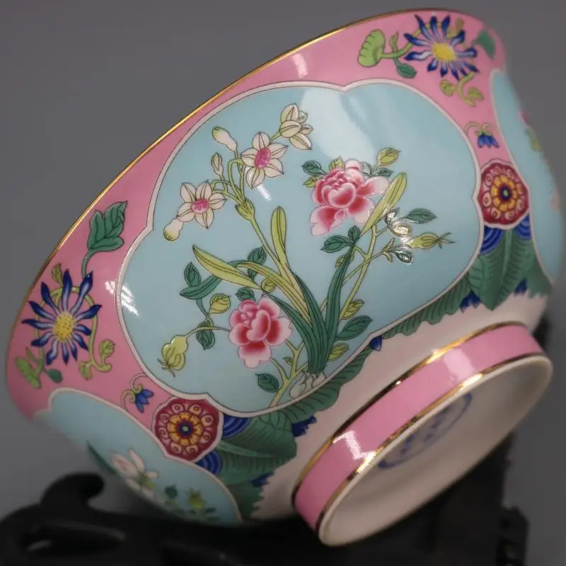 Qing Qianlong Pink Flowers Golden Bowl Antique Craft Porcelain Home Furnishings Antique Collection