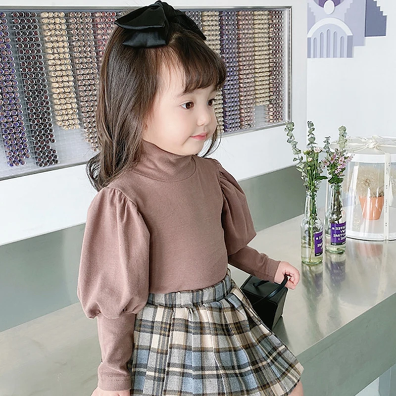 Children\'S Half-High Neck Bottoming Shirt 2020 Autumn New Style Korean Style Long-Sleeved Puff Sleeve Baby Girl Inner Top