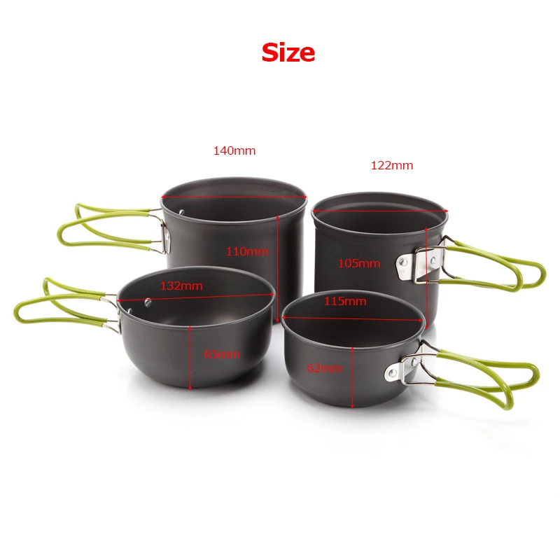 4pcs/Set Outdoor Folding Hiking Camping Backpacking Cooking Picnic Non-Stick Aluminum Cookware Set Pot Bowl