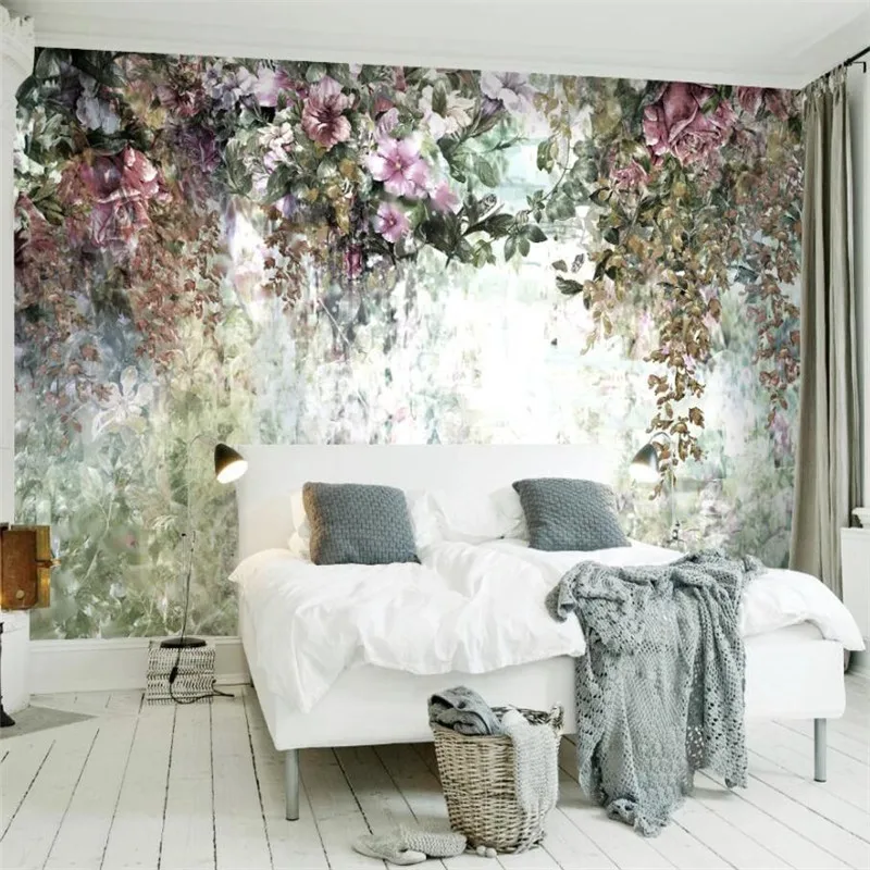 

Custom 3d wallpaper mural retro hand-painted flowers European style living room background wall plant decoration wallpaper