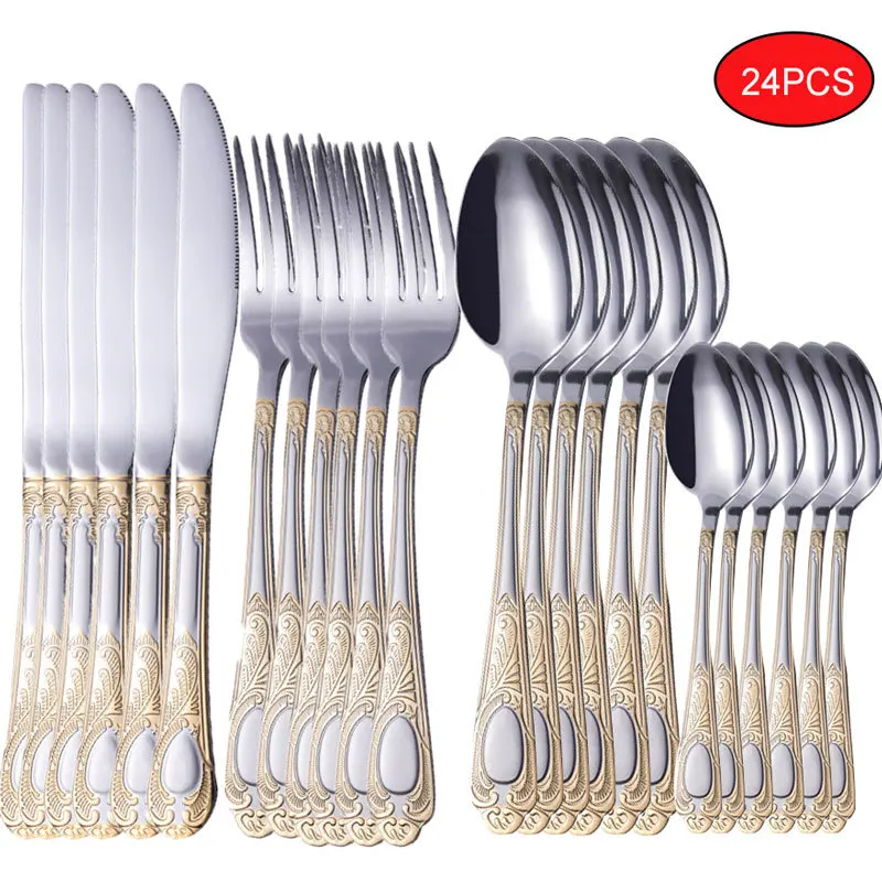 

24pcs Luxury Gold Cutlery Set Wedding Party Tableware Set Dinnerware Set Silverware Dinner Fork Knife Teaspoon Drop Shipping