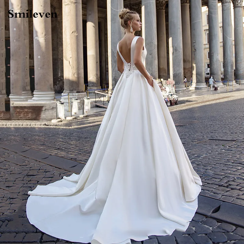 Smileven Einfach Und Sauber Hochzeit Kleider Satin EINE Linie Elfenbein Spitze Braut Kleider Sleeveless Lae Up Zurück Hochzeit Kleider