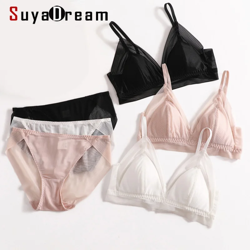 SUYADREAM 2024 biustonosz zestaw 100% prawdziwy jedwab i koronka bez fiszbin komfortowe biustonosze i majtki cienka wyściółka zdrowa bielizna