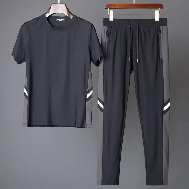 Men's Leisure Sports Track Suit Silky Soft Q Elastic Ultra Thin Quick Dry Ice Silk Two Piece Set Summer High End Trend Tracksuit