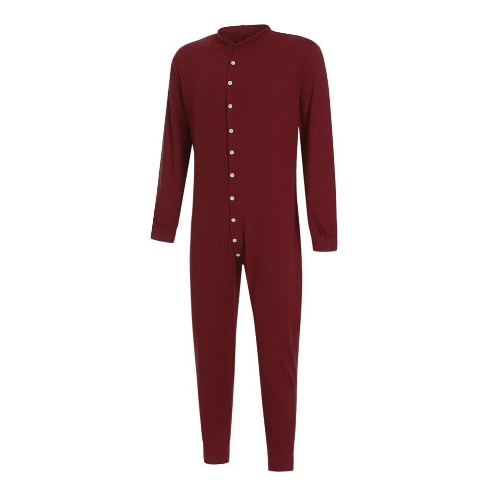 Mens Jumpsuit Romper Pajamas Button Down Single-breasted Bodysuit Long Sleeve Bodycon Sleepwear Male Autumn Solid Home Clothes