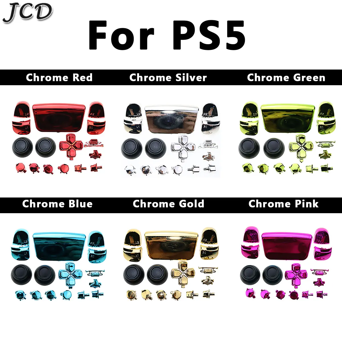 JCD For PS5 Controller Full Set Chrome ABXY Dpad Trigger Buttons Cross Key R1L1 Kits Circle Rings Repair Parts