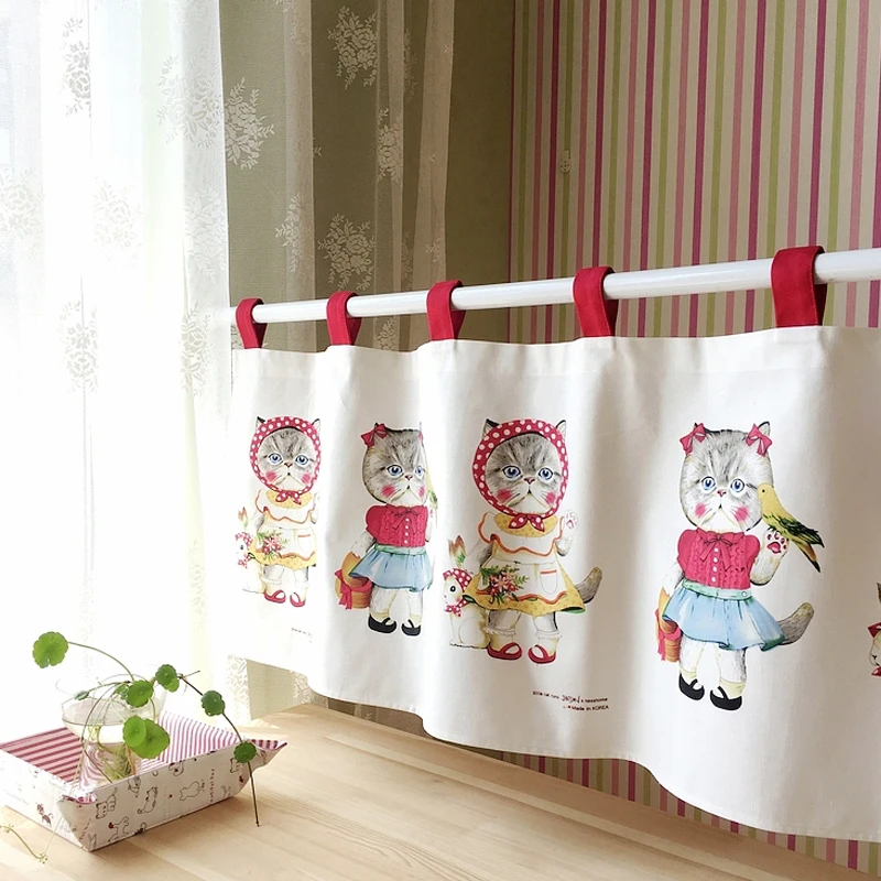 

Handmade Hemp Cotton Kitchen Short Curtains Pastoral Half Cute Cats Cartoon Cortinas Tab Top Cafe Partition Door Curtain Decos