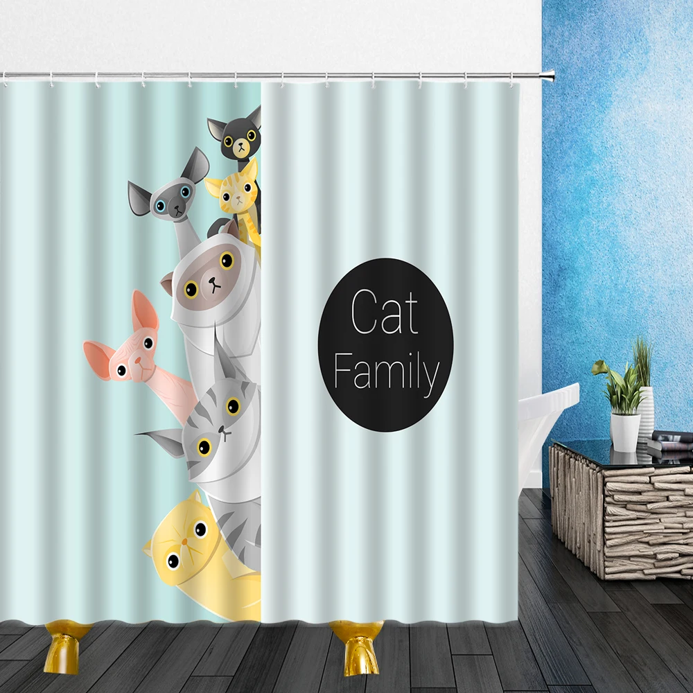 Cortinas de ducha con dibujos de animales para el baño, visillo de tela impermeable con ganchos para decoración familiar, lindo, divertido, gato, perro, vaca, animales de granja