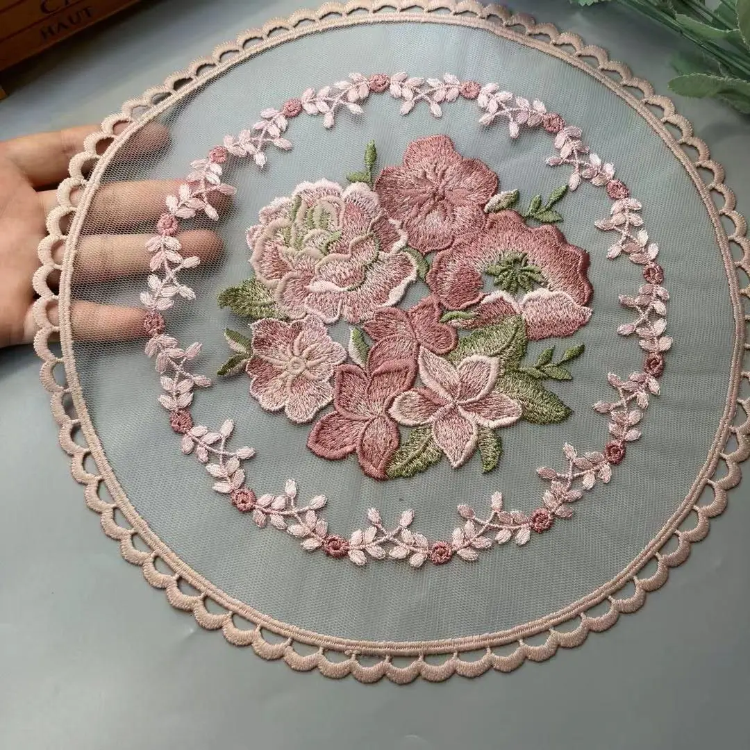 

28*28 cm Pink Flower Lace Applique Trim for Sofa Curtain Towel Bed Cover Trimmings Home Textiles Applique Cloth Polyester Mesh