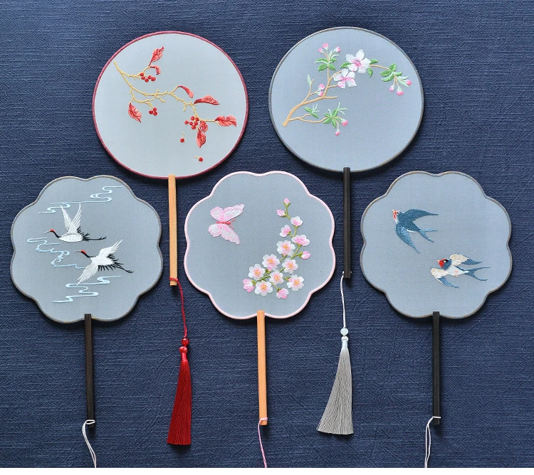 Double sided Embroidery Silk Round Fan with Handle Chinese Traditional Craft Decorative Women Costume Dance Show Gift