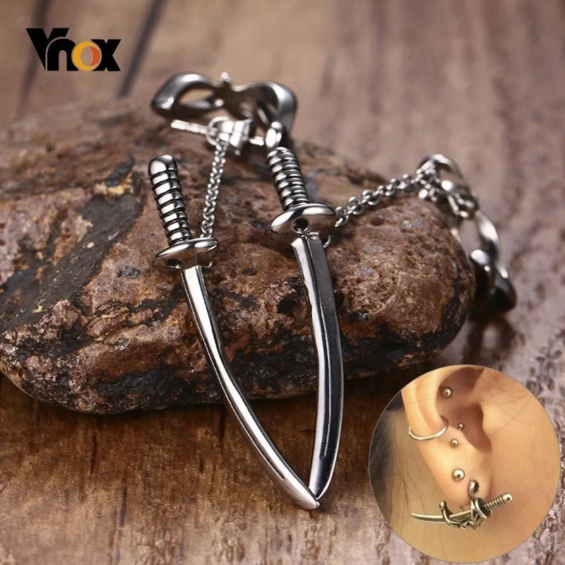 Vnox Cool Punk Sword Stud Earrings for Men Women, Never Fade Stainless Steel Samurai Scimitar Katana Fencing Ear Accessory