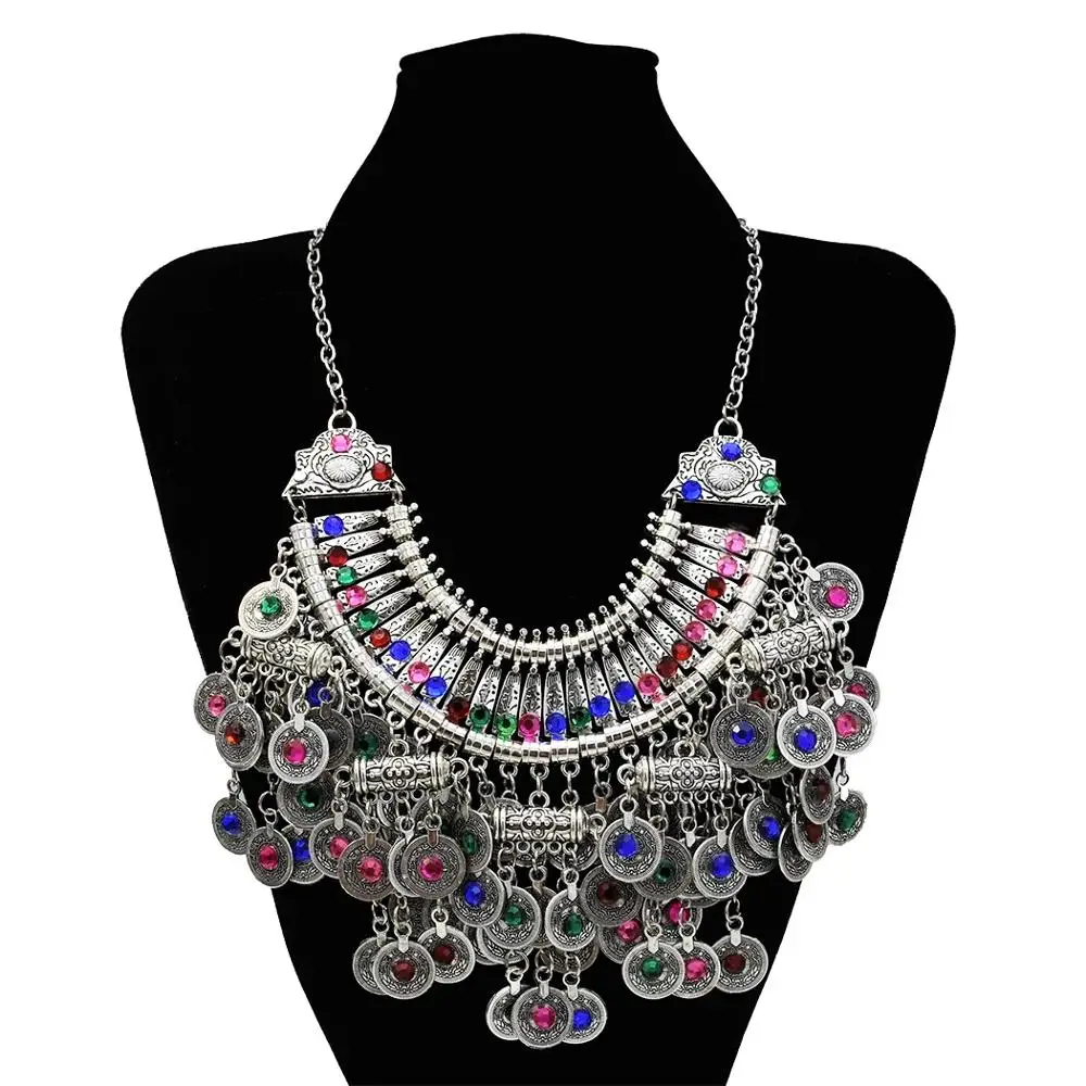 Afghan Silver Color Coin Tassel Bib Statement Necklace & Earring Sets for Women Turkish Gypsy Rhinestone Necklace Party Jewelry