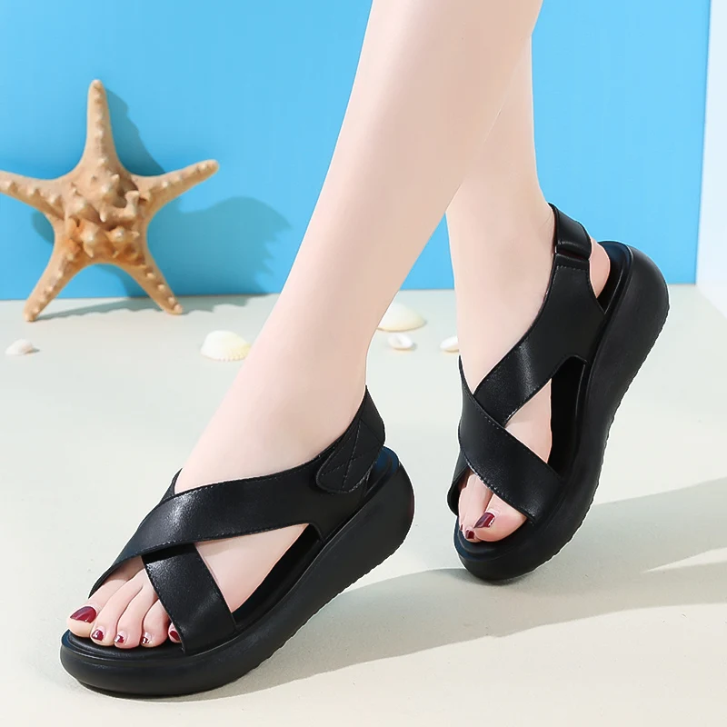 Luxury Leather Cross Strap Women's Sandals Soft Thick Sole Wedges Shoes For Women Summer Outdoor Comfortable Women Shoes