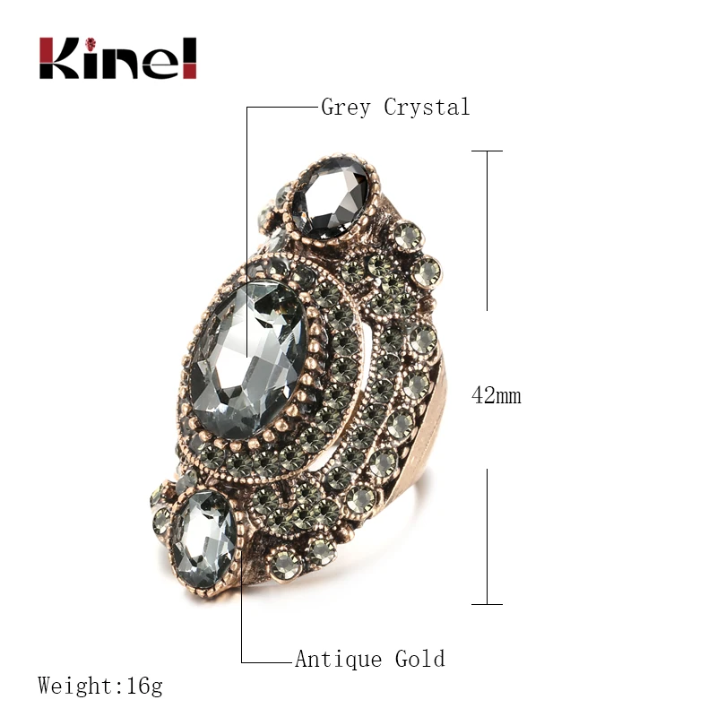 Kinel Unique Antique Gold Gray Crystal Big Ring For Women Vintage Jewelry Party Accessories Luxury Gifts 2020 New Drop Shipping