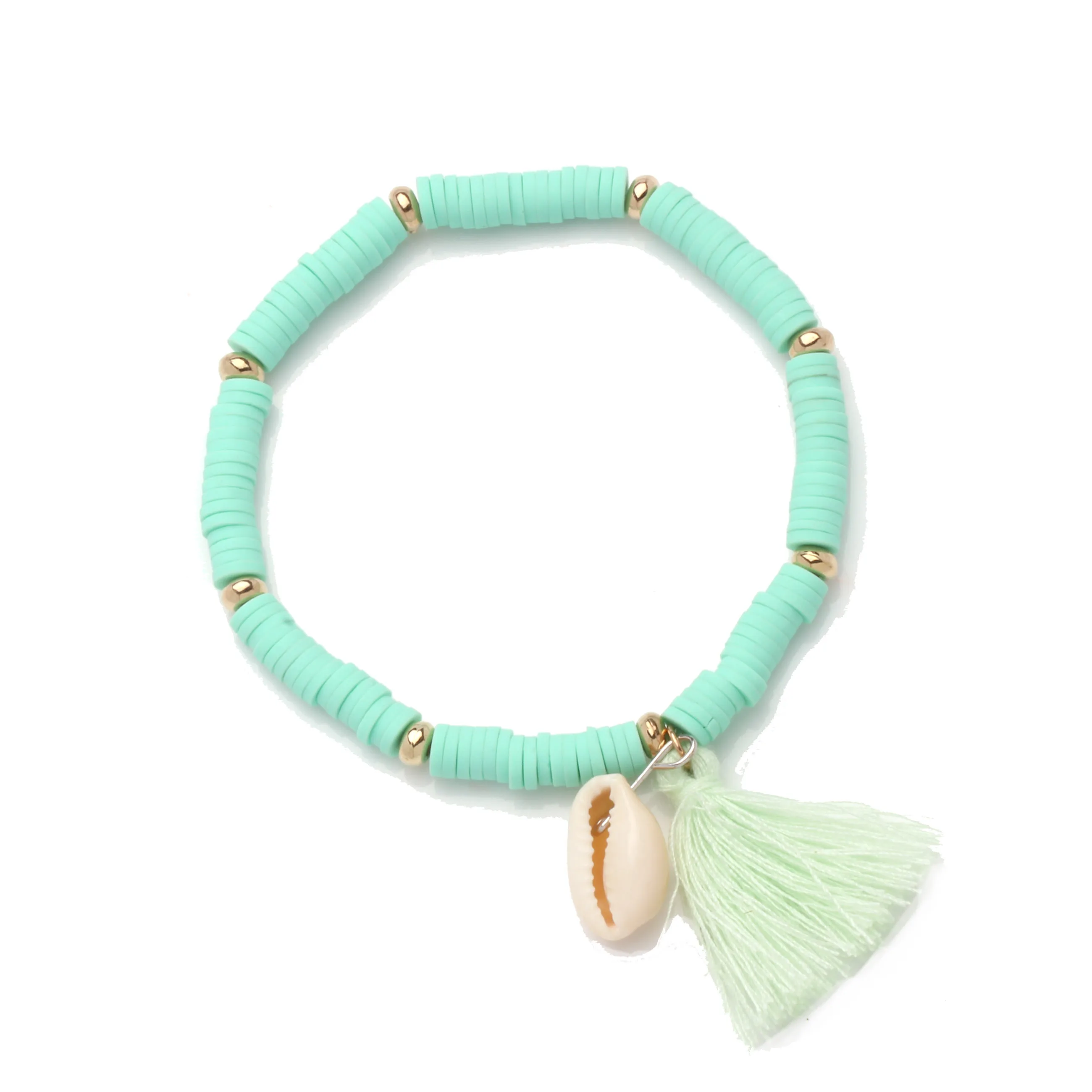 Colorful Resin Polymer Clay Discs Beads Rainbow Heishi Tassel White Cowrie Seashells Pendant  Stretch Bracelet Women Men Gifts