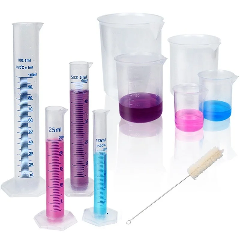 

Plastic Graduated Cylinders and Beakers, 10ml 25ml 50ml100ml Cylinders with 50ml,100ml 250ml 500ml 1000ml Beakers 1 Tube Brush