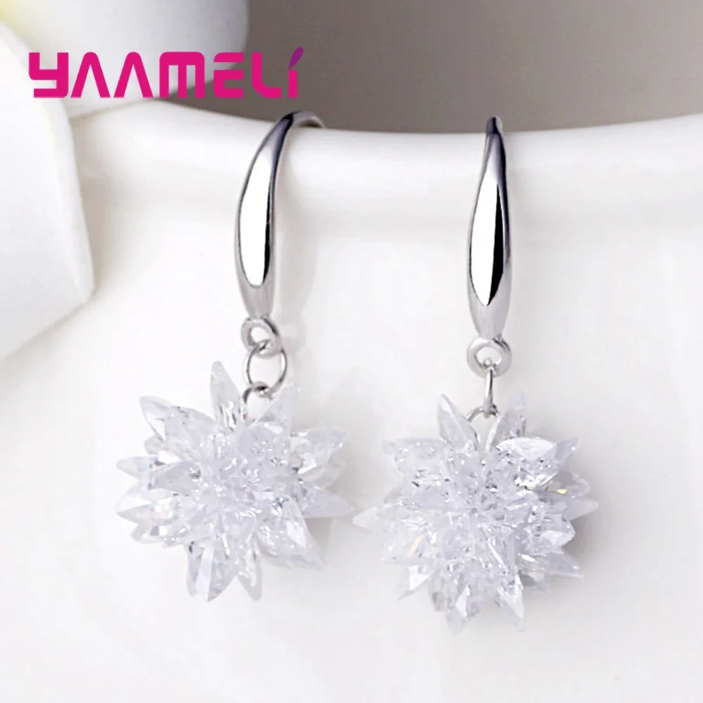 Hot Sale 925 Silver Color Earring Dazzling White Cubic Zirconia Flower Original Design Smooth Hook Woman Lady Ear Pendientes