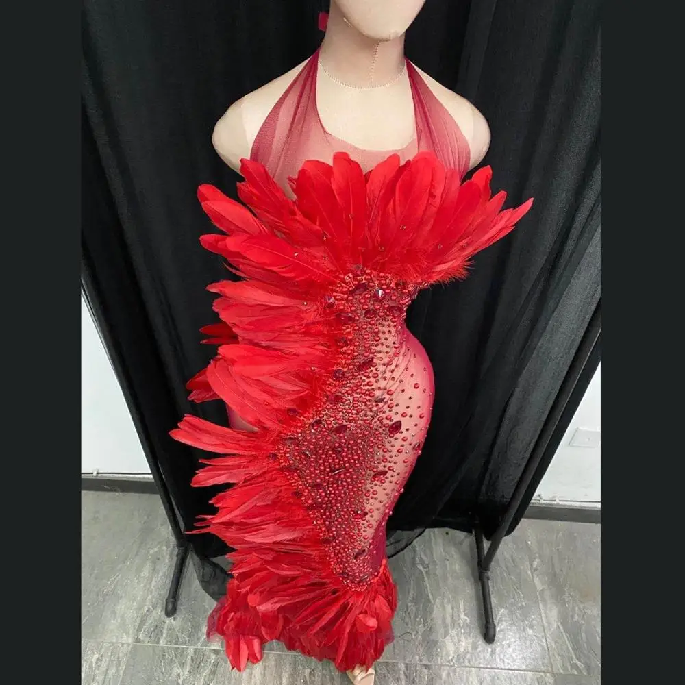 Luxury Red Crystal Evening See Through Mesh Dress Women Banquet Halter Rhinestone Feather Dress Sexy Party Floor Length Dress