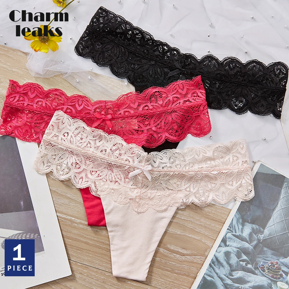 Charmleaks Women's Thong Lace Underwear 1 Piece String Panties Tanga Briefs Cotton Soft Sexy Bow Tied