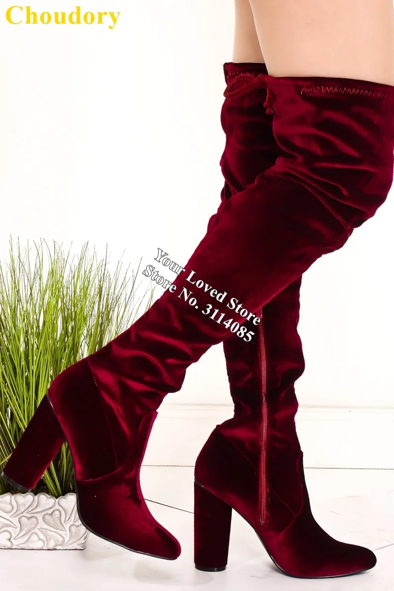 Choudory Wine Red Crushed Velvet Over The Knee Boots Chunky Heels Thigh High Boots Luxury Women High Boots Dress Shoes Dropship