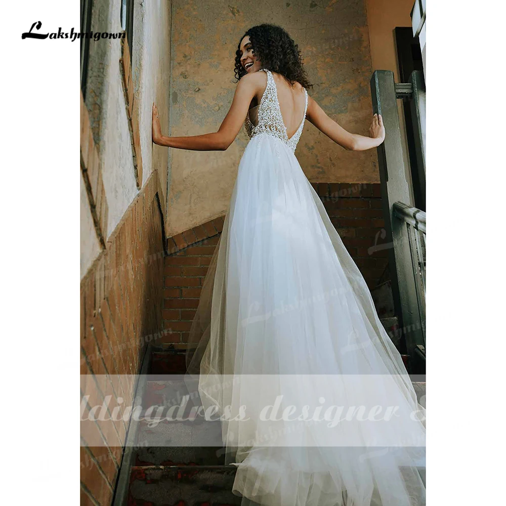 Robe de mariée en Tulle, robe de mariée glamour, perlée, avec fente latérale, col en v, robe de réception Sexy, robe de plage