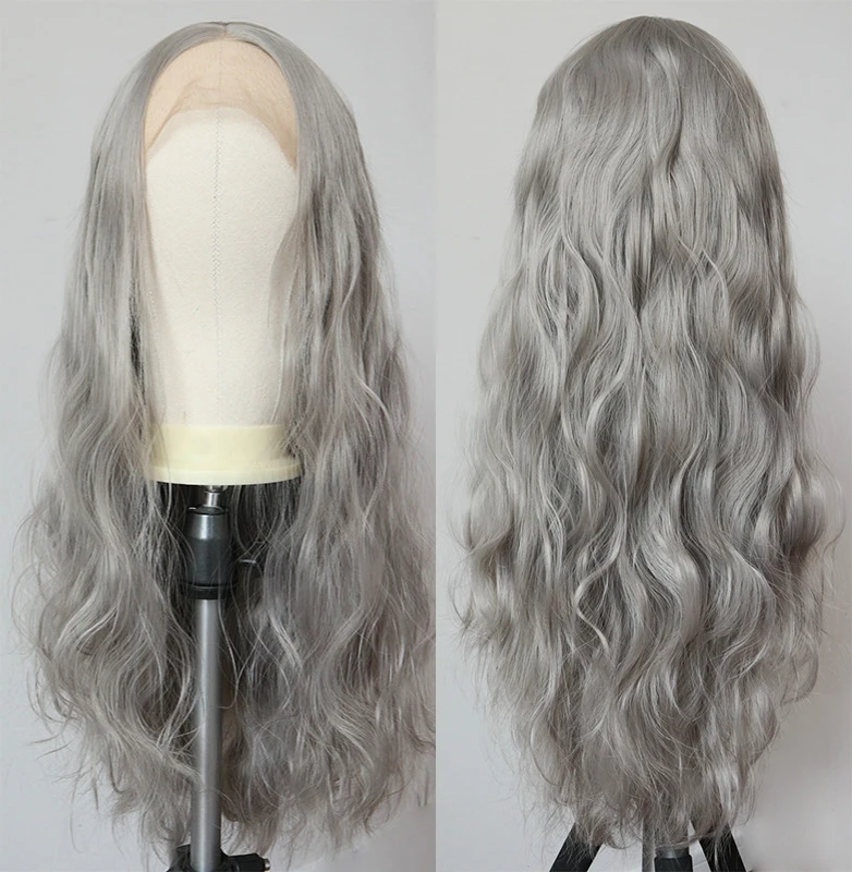 

Body Wave Grey Synthetic Wigs for Women Heat Resistant Fiber Hair Long Wavy Synthetic Lace Frontal Gray Wigs