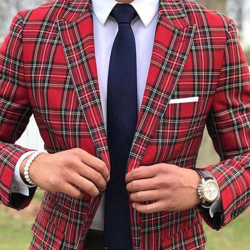 Scottish Plaid Men Suits for Wedding Groom Tuxedos Slim Fit Male Fashion Set Peaked Lapel 2 Piece Blazer with Pants