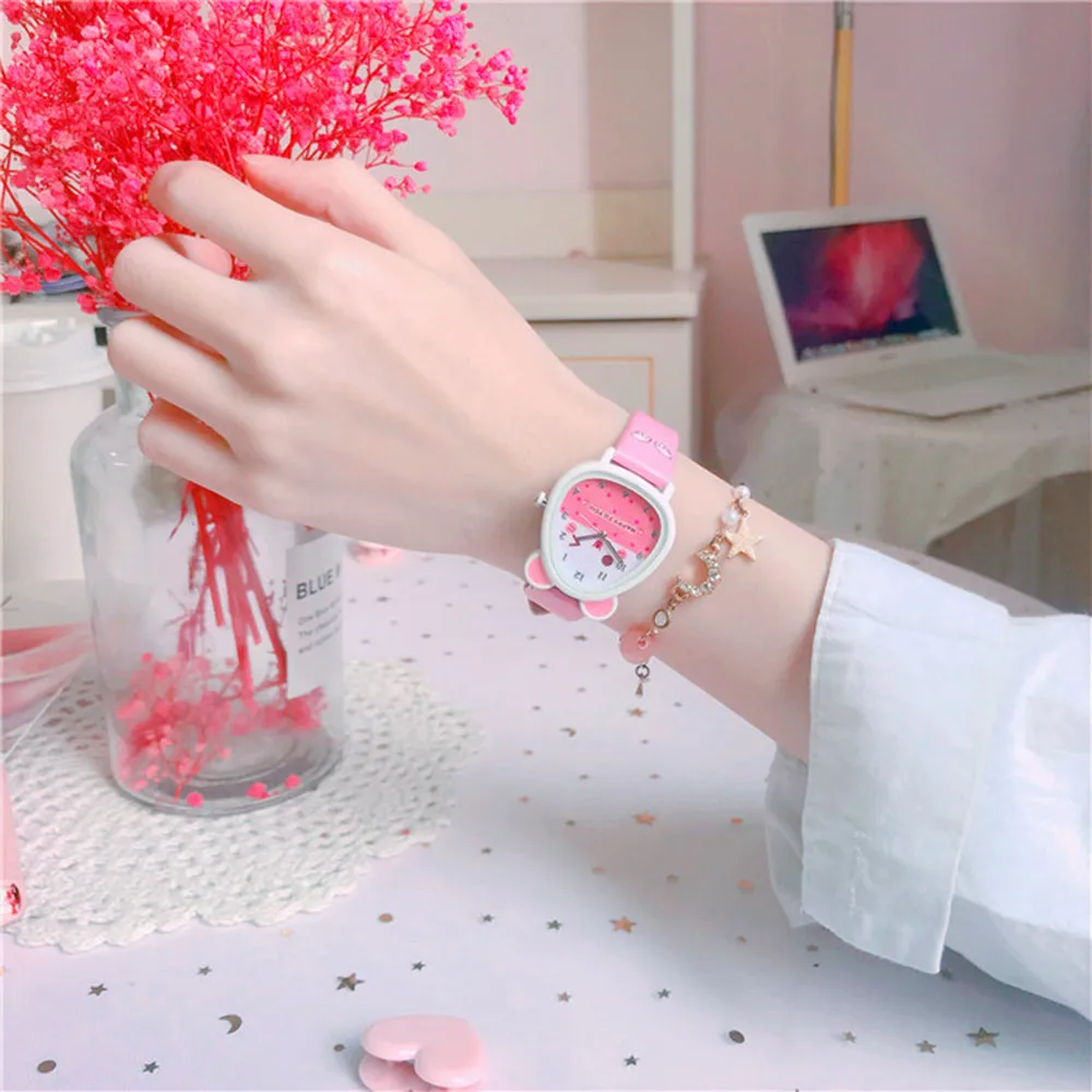 Jam tangan anak perempuan cantik kartun modis jam tangan Quartz cocok jam tangan kulit kasual untuk anak