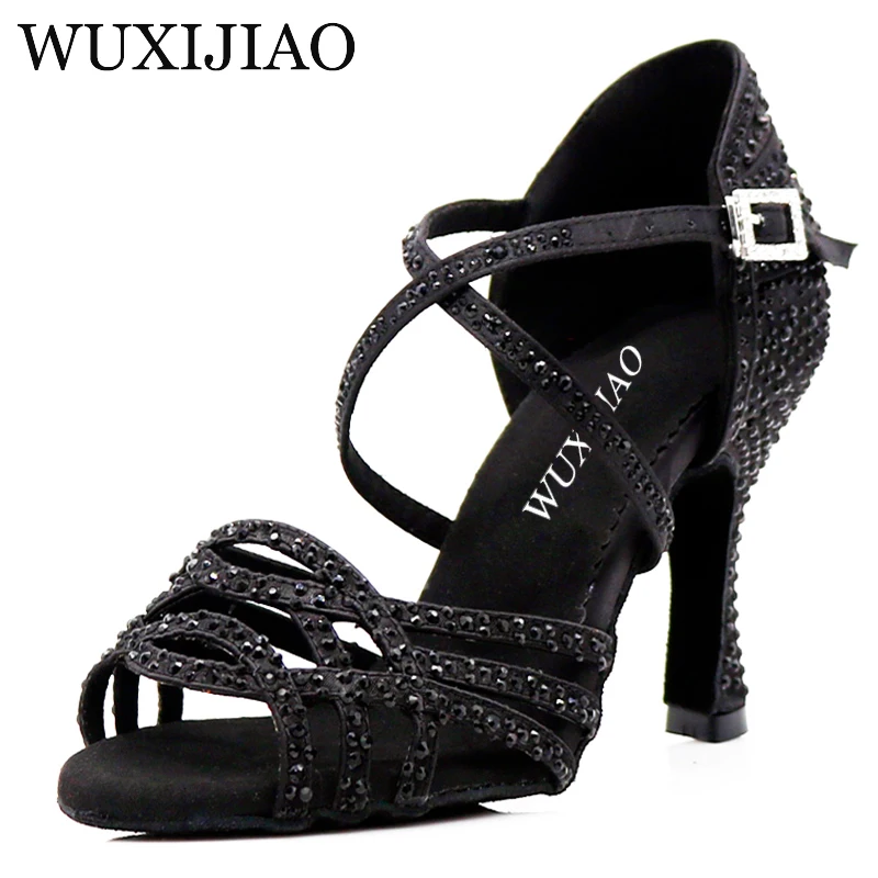 

WUXIJIAO Latin black Rhinestone Dance Shoes Women Salas Ballroom Shoes Cuba Heel 8.5cm Waltz Software Hot Sale dance Shoes