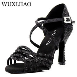 Wuxijiao sapatos de dança latina com strass para as mulheres, sapatos com salto 8,5 cm, cor latina e preta, para salão de baile, grande venda