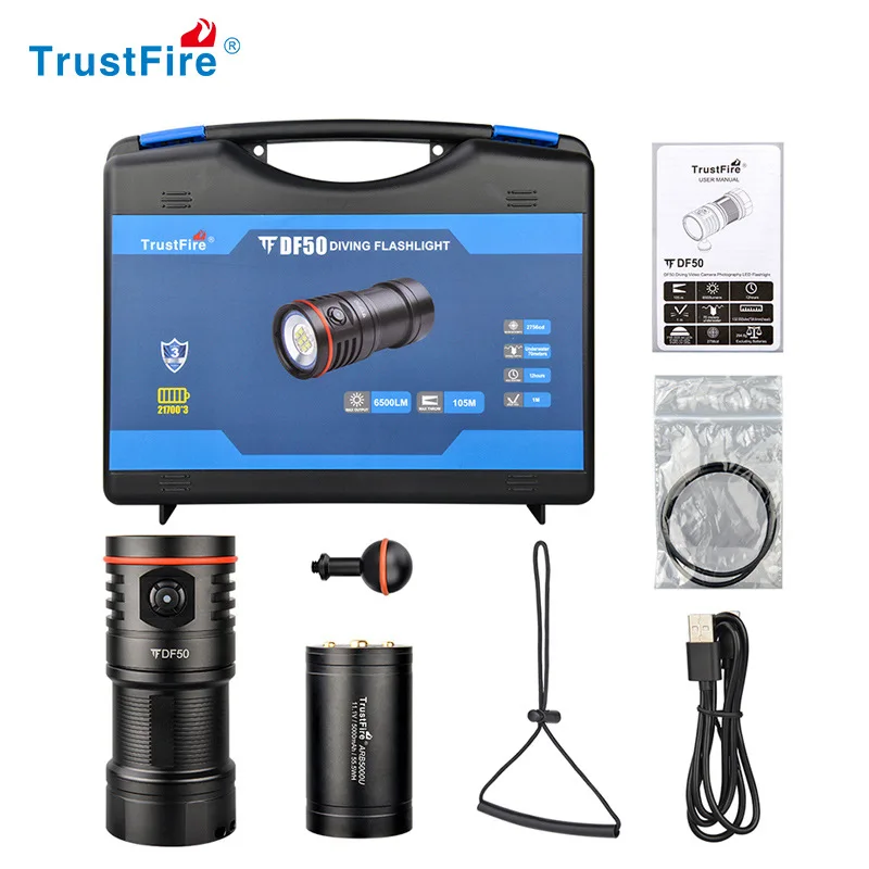 Imagem -06 - Trustfire Df50 6500 Lumens de Vídeo Mergulho Fotoraphy Luz Subaquática 100m Iluminação Alta Brilhante Led Tocha Lanterna