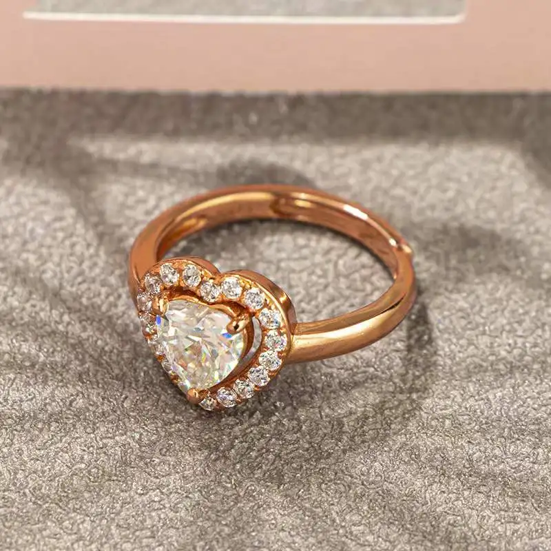 

Trendy S925 Silver 1 Carat D Color VVS1 Heart Moissanite Ring Women Jewelry Plated Rose Gold Wedding Adjustable Rings Gift